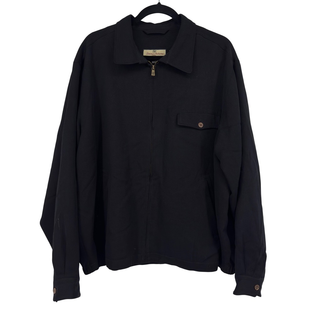 Tommy Bahama Mens Large Black Silk Cotton Full Zip Jacket Textured Pocket Coat